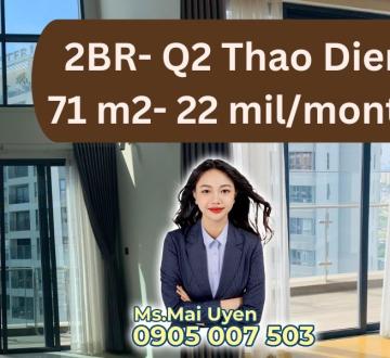 Cho thuê 2 phòng ngủ dự án Q2 Thao Dien tầng cao trần cao- giá thuê 22 triệu/ tháng